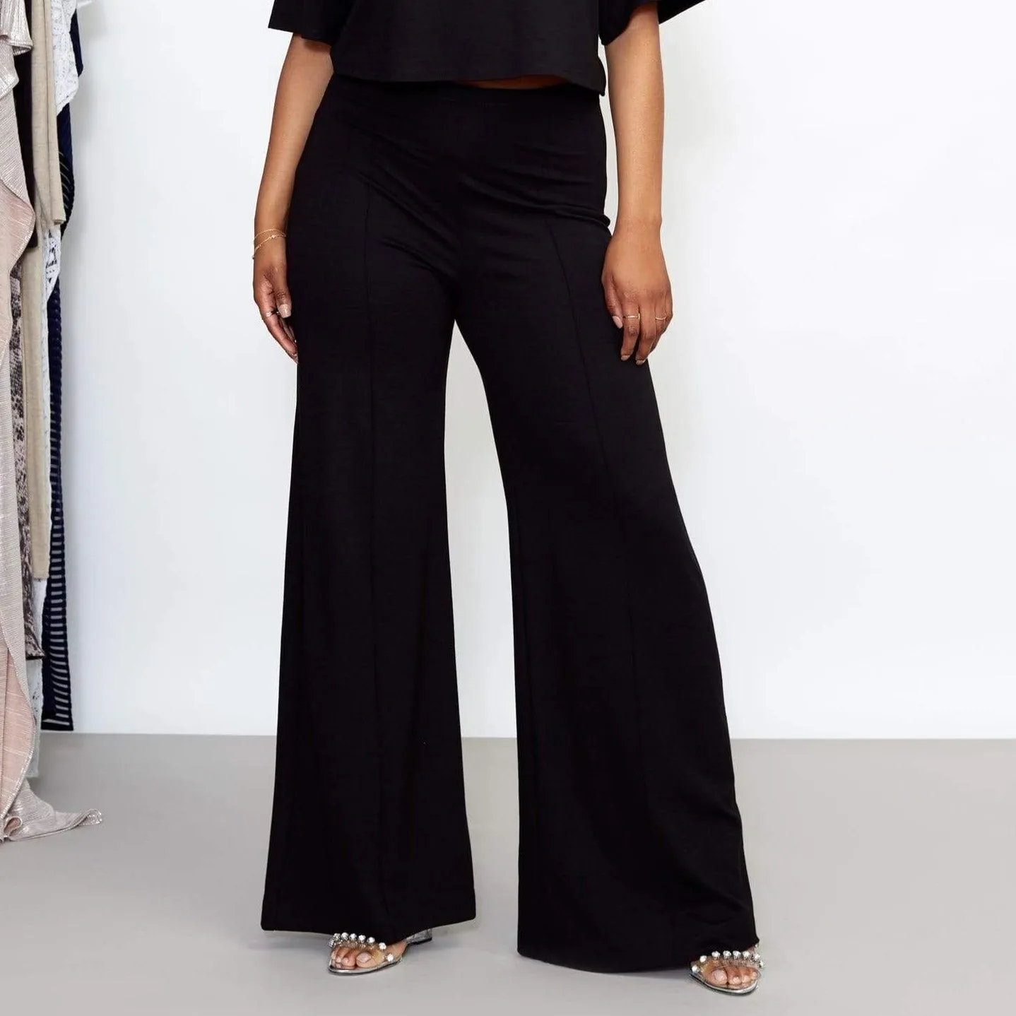 Black Ponte Knit Wide Leg Pant