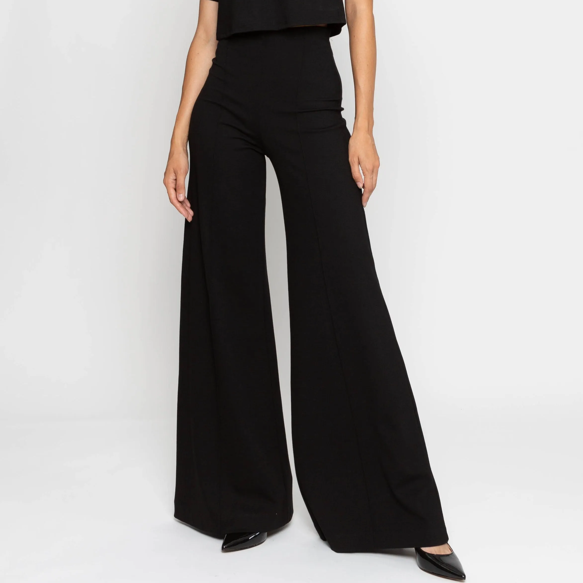 Black Ponte Knit Wide Leg Pant