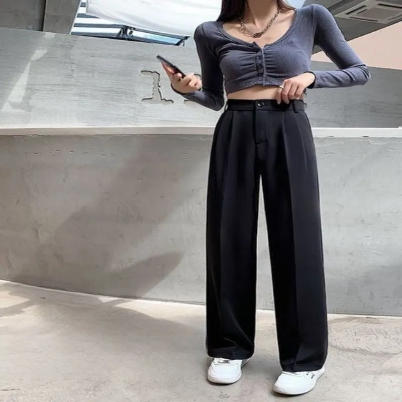Casual High Waist Loose Fit Wide Leg Pants For Female