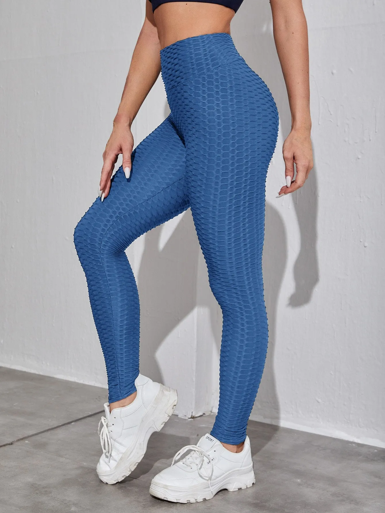 Honeycomb Textured Solid Color Sports Leggings