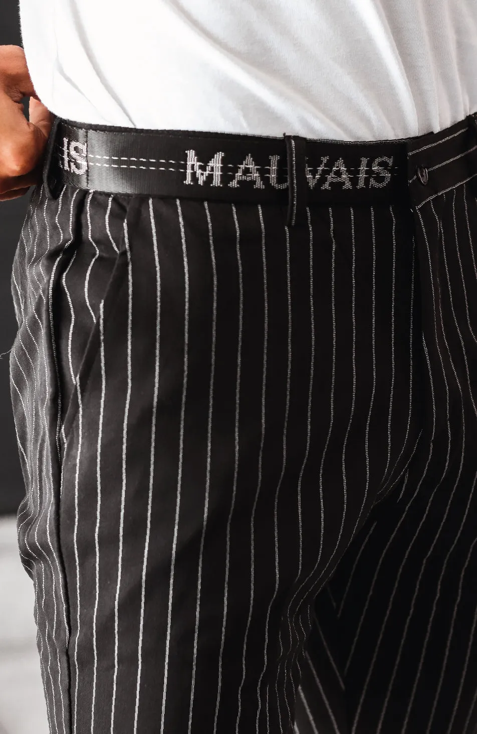 Pinstripe Pants with Half Belt in Black