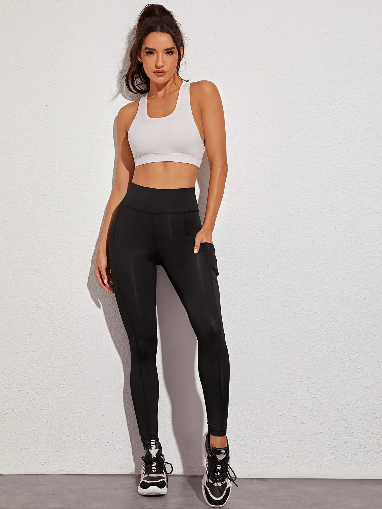 Pocket Wide Band Waist Sports Leggings