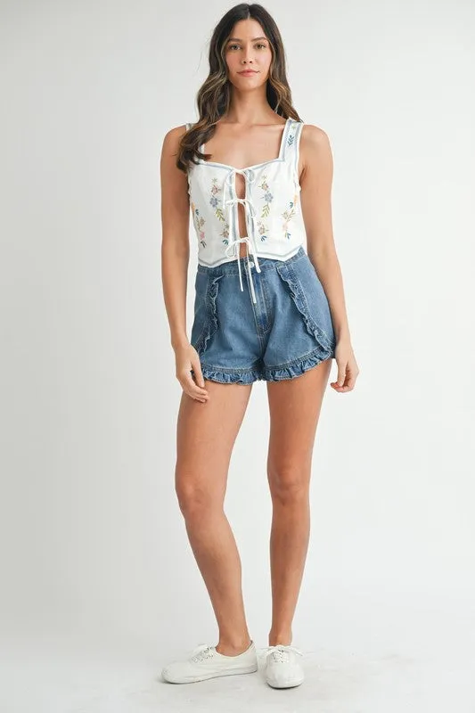 Ruffle Front Denim Shorts