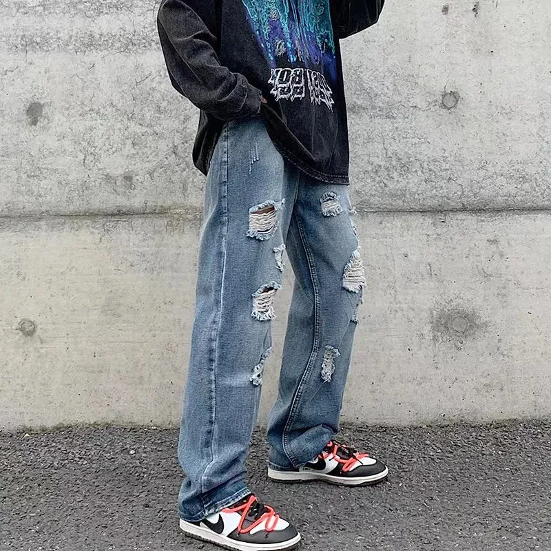 Wiaofellas  -  Men's Jeans distressed jeans casual long pants wide leg pants loose straight leg jeans
