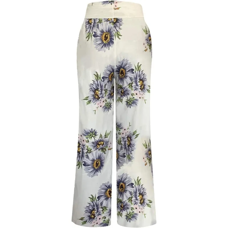 Women's Comfy Stretch Floral Print High Waist Drawstring Palazzo Wide Leg Pants