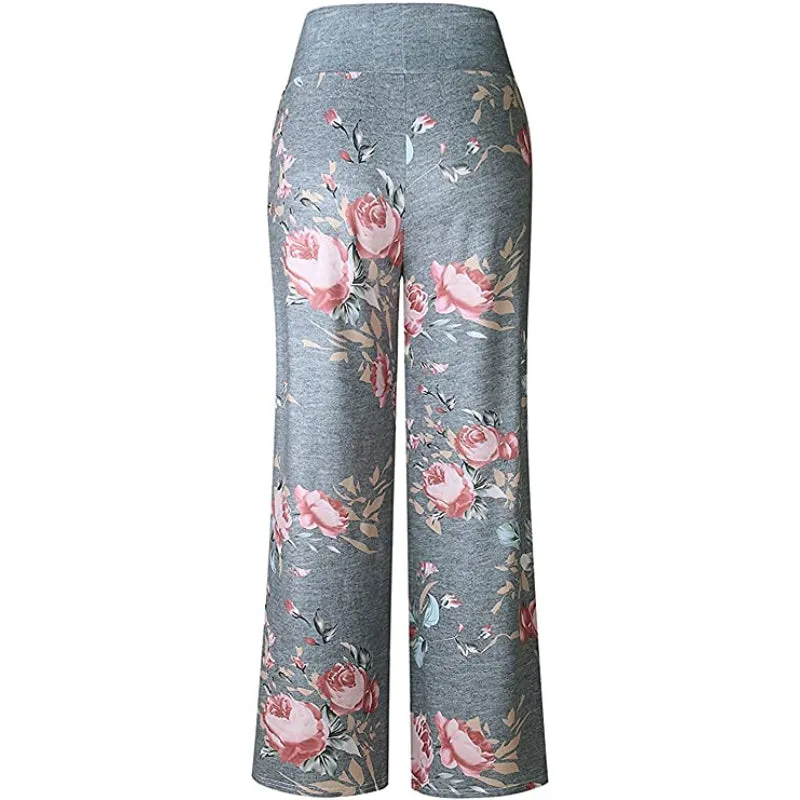 Women's Comfy Stretch Floral Print High Waist Drawstring Palazzo Wide Leg Pants