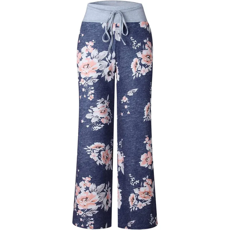 Women's Comfy Stretch Floral Print High Waist Drawstring Palazzo Wide Leg Pants