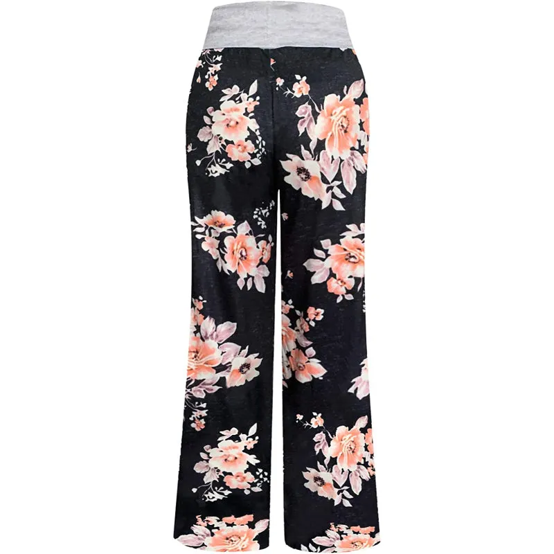 Women's Comfy Stretch Floral Print High Waist Drawstring Palazzo Wide Leg Pants